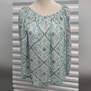 Kaari Blue Curvy Blouse with Black and Green Accents